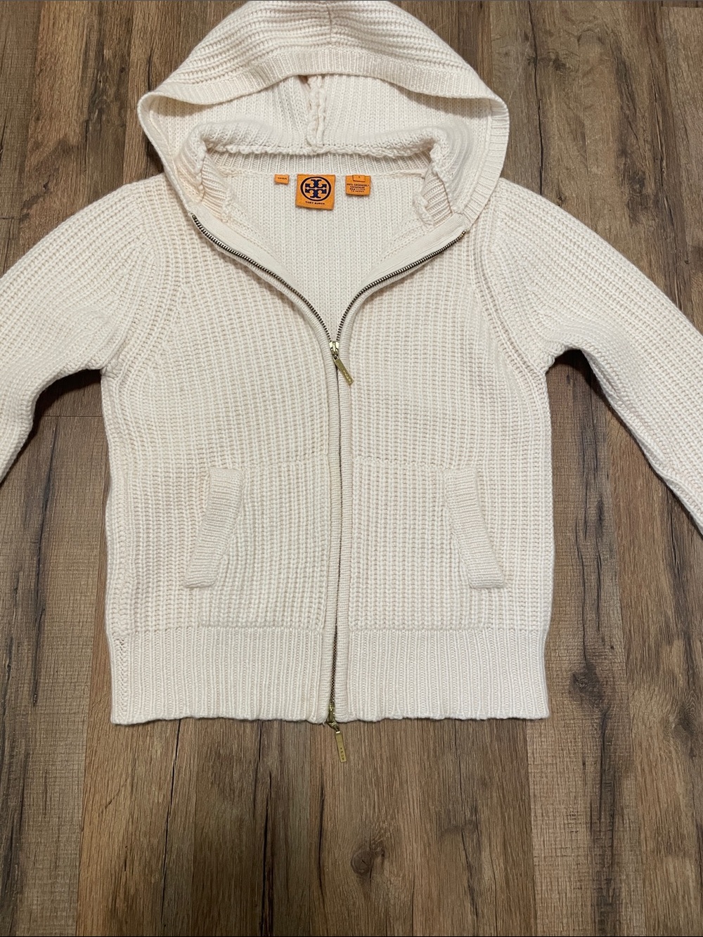Tory Burch Womens Cream Zip-Up Hooded Knit Jacket
